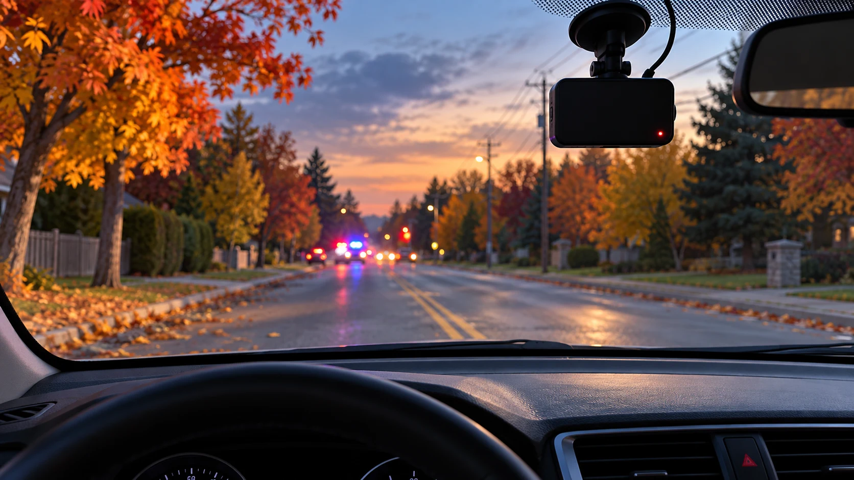 driver’s-eye view of an autumn road with a dashcam and emergency lights ahead