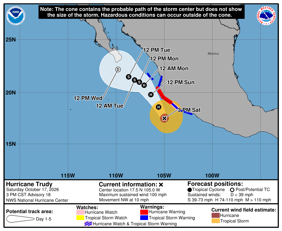 Official NOAA/NHC Hurricane Trudy advisory 18 forecast cone, October 17, 2026 at 3 p.m. CST; forecast path near western Mexico, not the full hazard area